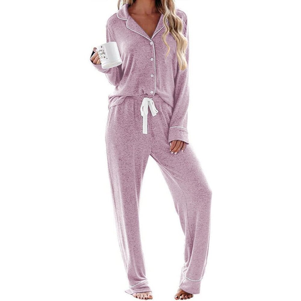 Women's Rayon Spandex Pajama Set Long Sleeve Button Casual Lounge Sleepwear